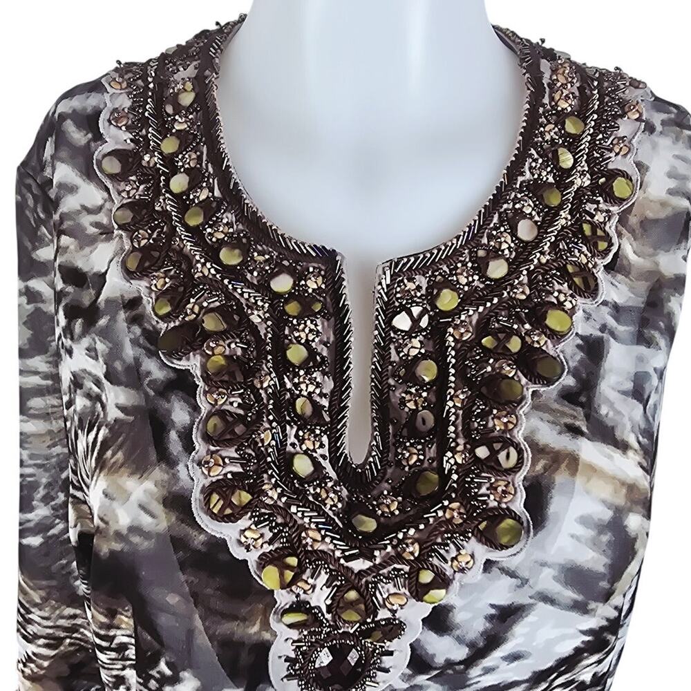 Chico's Animal Print Semi Sheer Beaded Stones Neck Sleeve Women's Blouse 2-M-12 - Picture 2 of 8